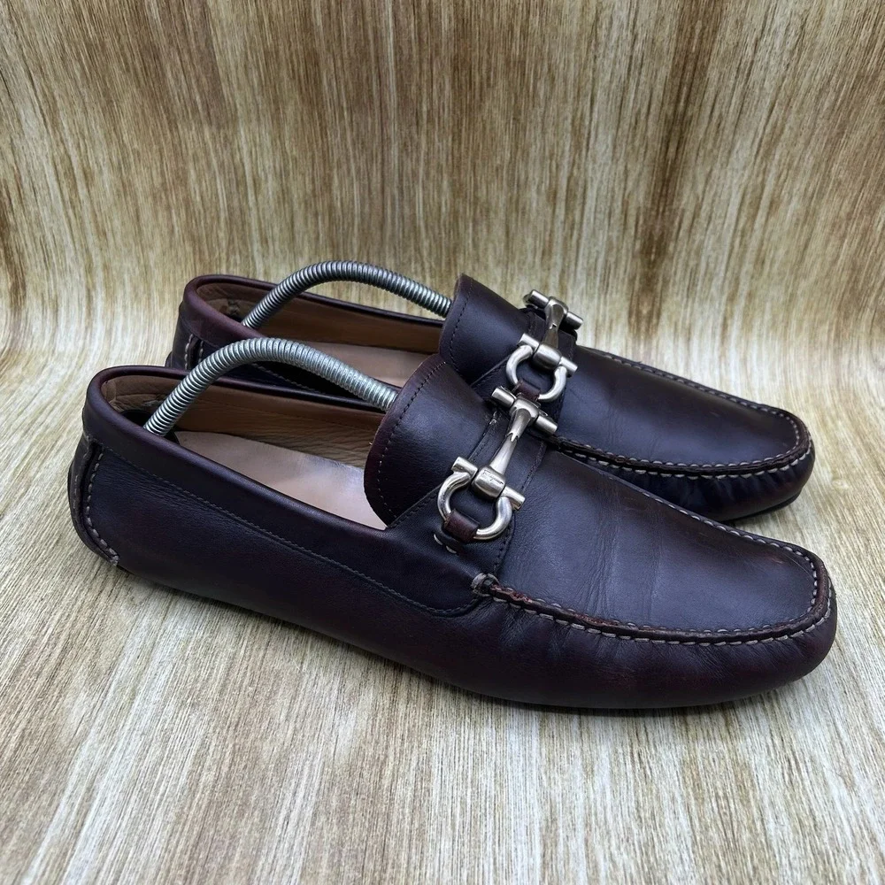 Salvatore Ferragamo Parigi Driving Loafers Men's 11 EE Brown Leather Gancini Bit